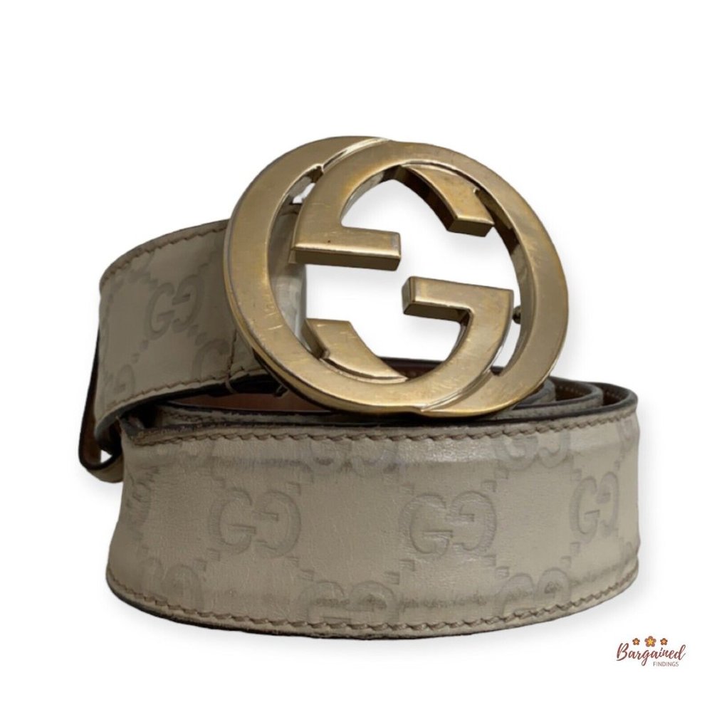 Authentic Gucci Cream Guccissima Leather Gold Interlocking G Buckle Belt 85/34